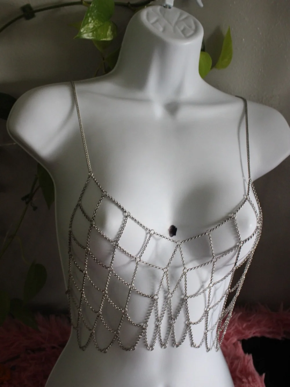 Silver Draped Chain Body Jewelry Bralette Top Statement Festival Piece MSRP $88